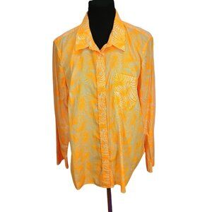 Gap Womens Fitted Boyfriend Shirt XL Orange & White Leaf Print Long Sleeve Cotto